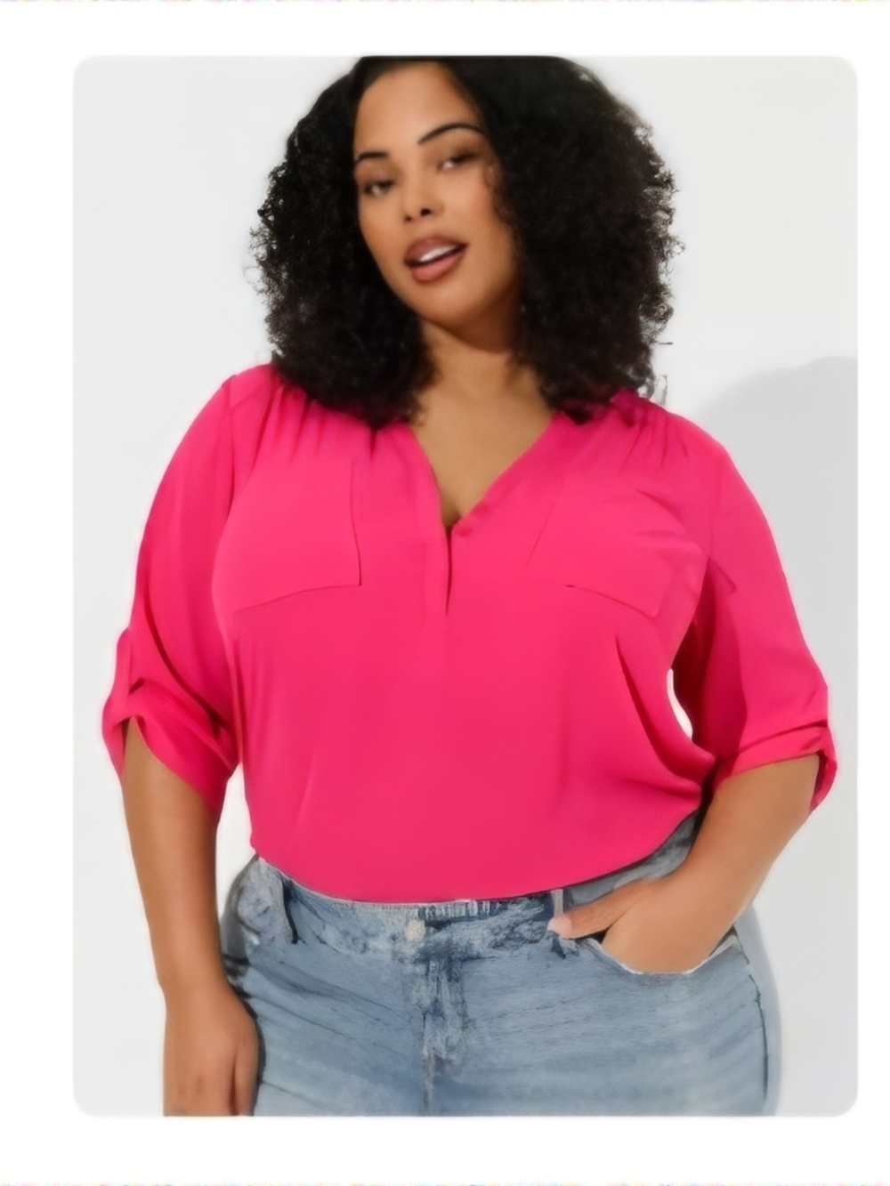 torrid V-Neck Roll-Sleeve Harper Blouse in Hot Pink - Picture 1 of 8
